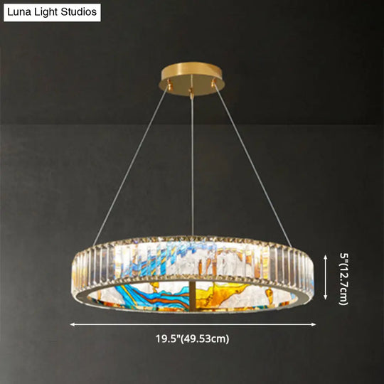 Modern Gold Led Pendant Lamp - K9 Crystal Ring Shaped Chandelier With Abstract Print