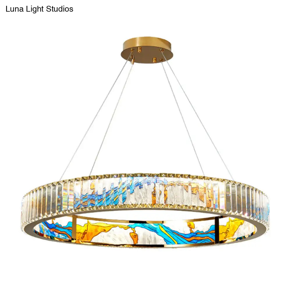 Modern Gold Led Pendant Lamp - K9 Crystal Ring Shaped Chandelier With Abstract Print