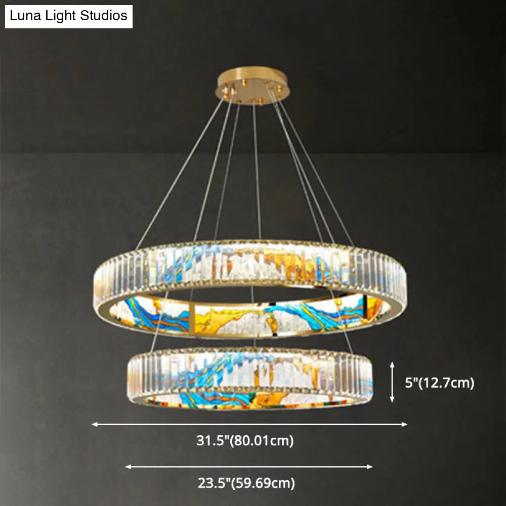 Modern Gold Led Pendant Lamp - K9 Crystal Ring Shaped Chandelier With Abstract Print