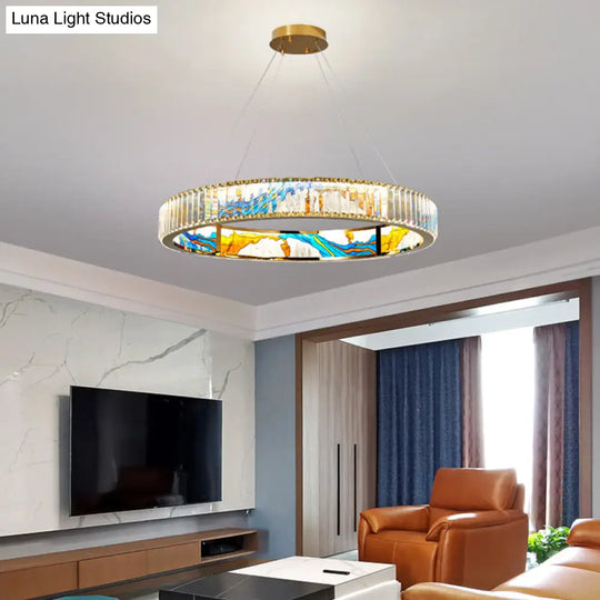 Modern Gold Led Pendant Lamp - K9 Crystal Ring Shaped Chandelier With Abstract Print