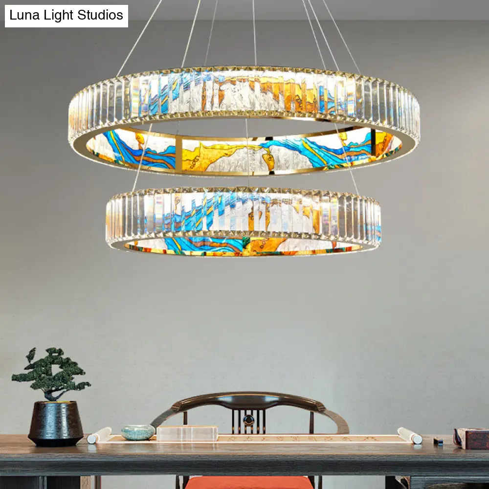 Modern Gold Led Pendant Lamp - K9 Crystal Ring Shaped Chandelier With Abstract Print