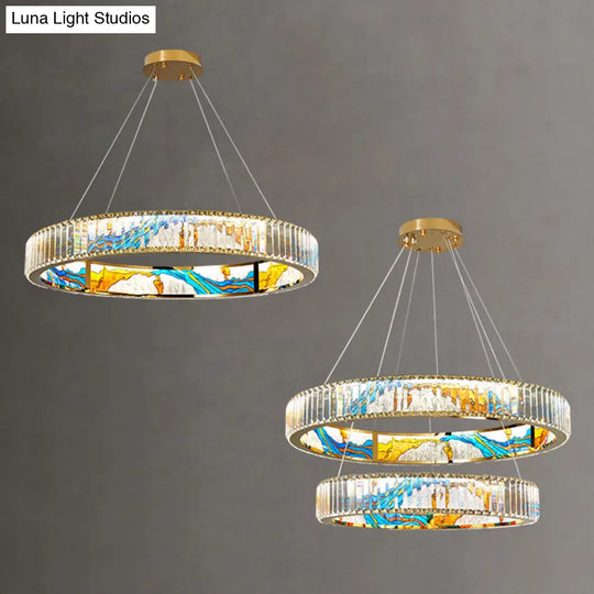 Modern Gold Led Pendant Lamp - K9 Crystal Ring Shaped Chandelier With Abstract Print