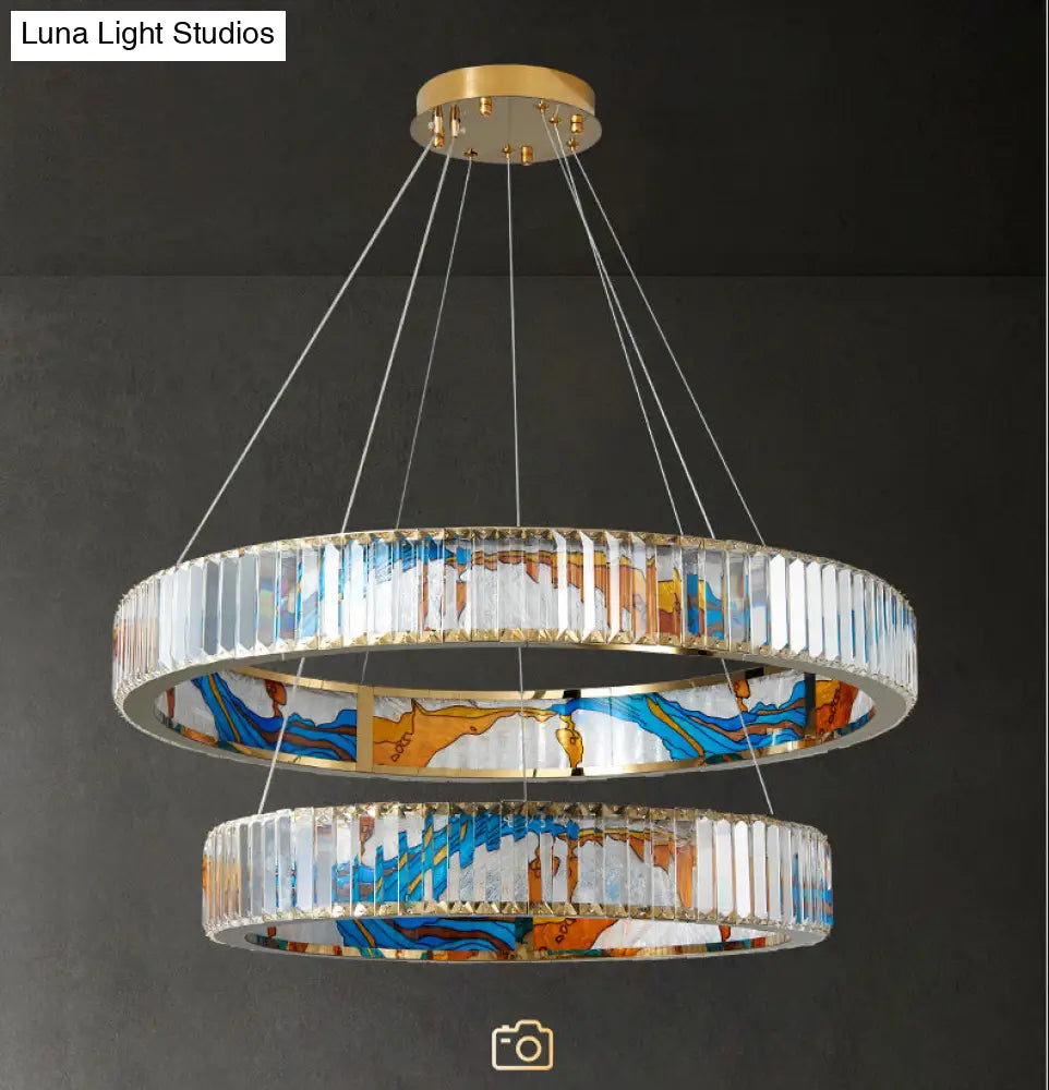 Modern Gold Led Pendant Lamp - K9 Crystal Ring Shaped Chandelier With Abstract Print