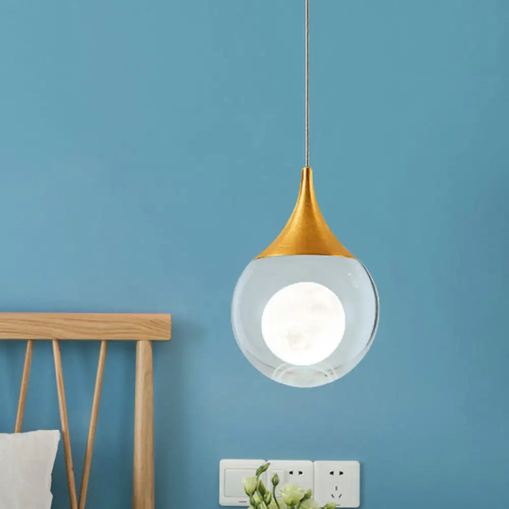 Modern Gold Led Pendant Light With Clear Crystal Sphere For Bedroom