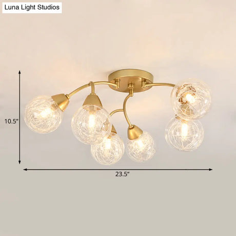 Modern Gold Led Semi Flush Ceiling Light With Clear Glass Sphere Shades - 6/12-Light Bedroom