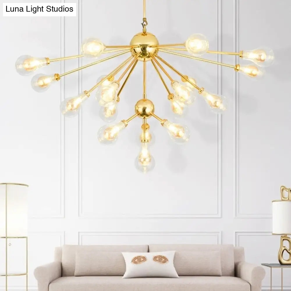 Sputnik Metal Chandelier Pendant - Modern Gold Led Hanging Light Fixture With Clear Glass Bulb