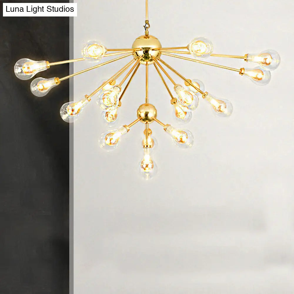 Sputnik Metal Chandelier Pendant - Modern Gold Led Hanging Light Fixture With Clear Glass Bulb