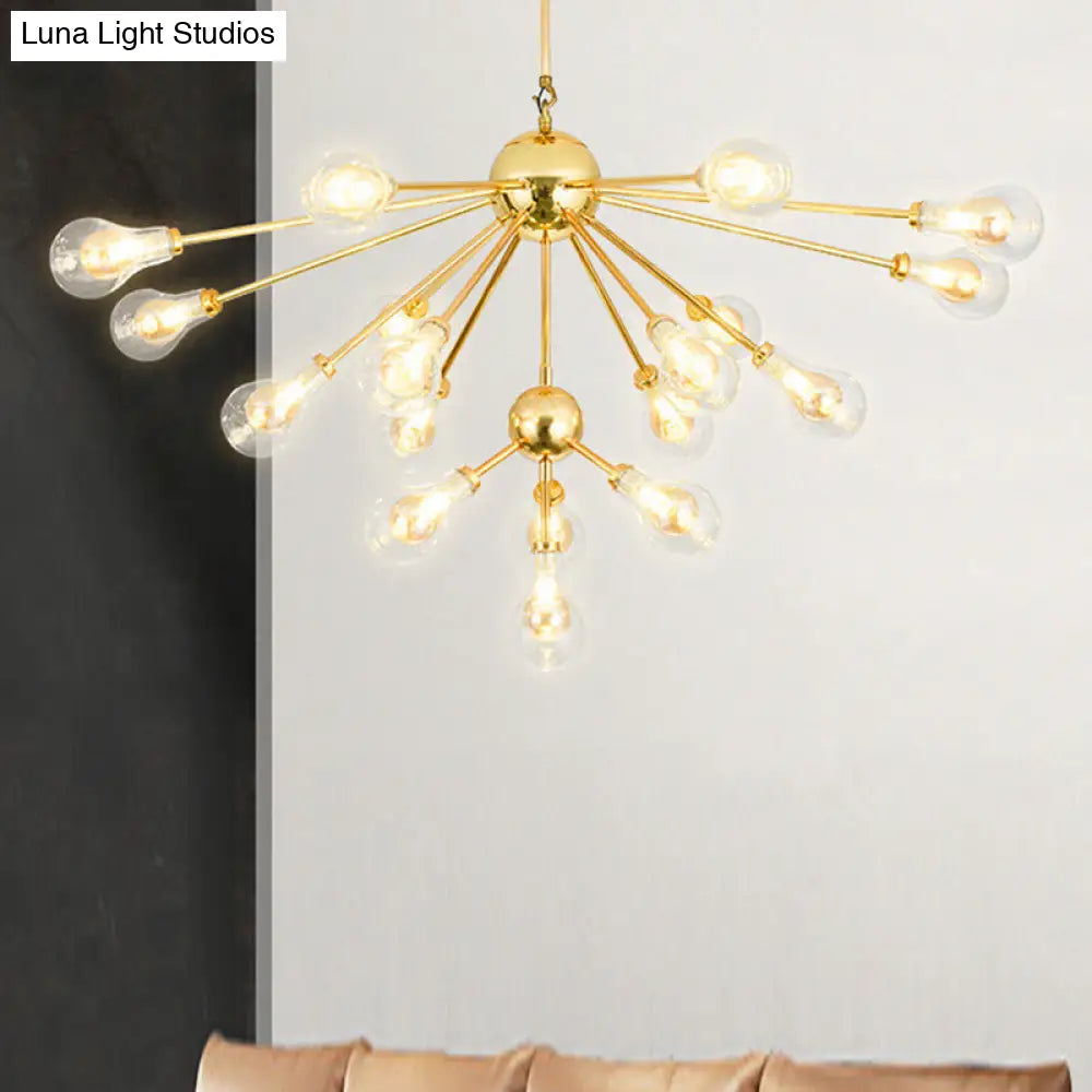 Sputnik Metal Chandelier Pendant - Modern Gold Led Hanging Light Fixture With Clear Glass Bulb