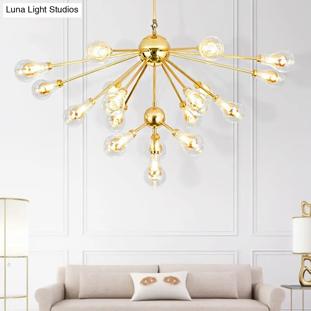 Sputnik Metal Chandelier Pendant - Modern Gold Led Hanging Light Fixture With Clear Glass Bulb