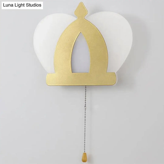 Modern Gold Led Wall Sconce Lamp Crown Acrylic Lighting Fixture With Pull Chain For Bedroom