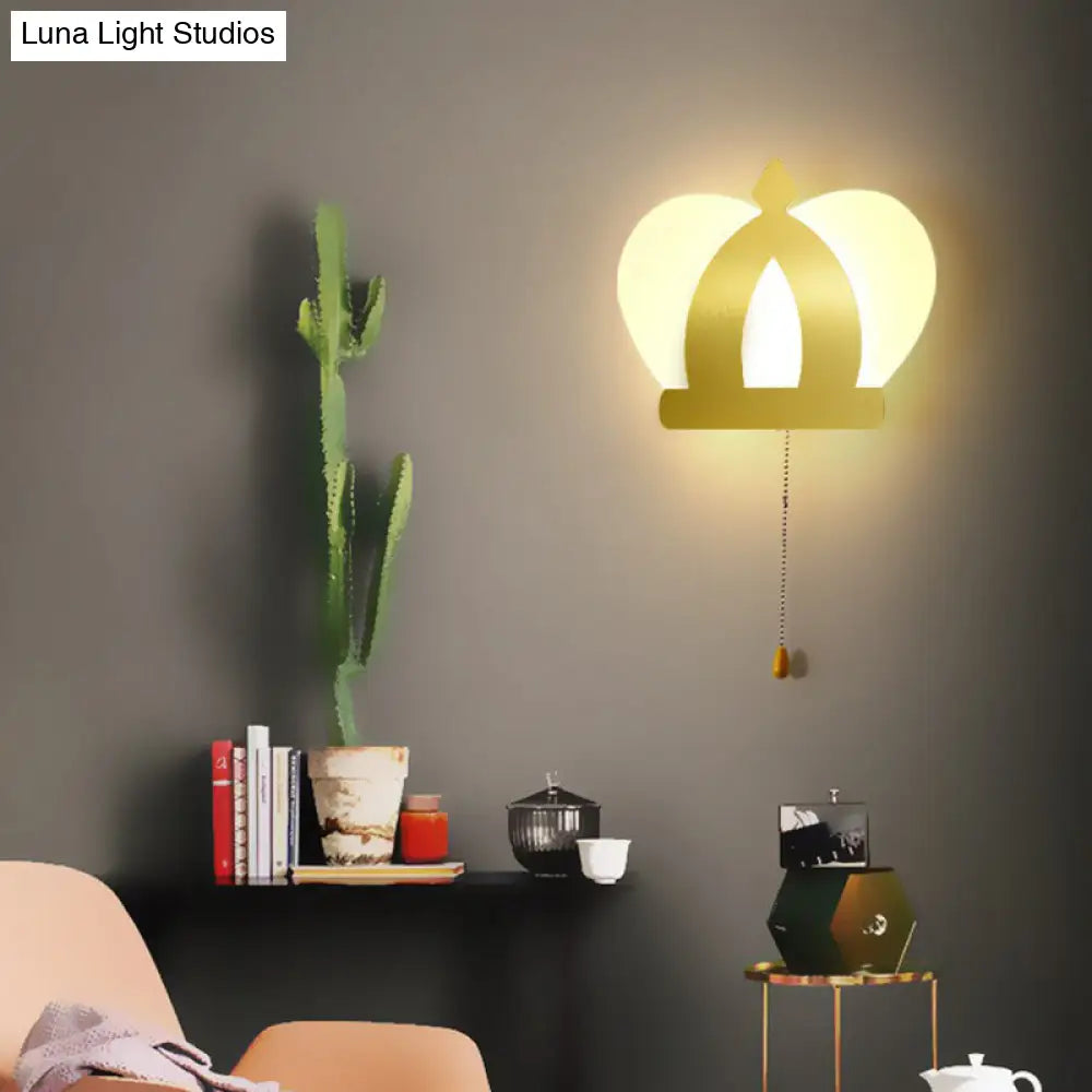 Modern Gold Led Wall Sconce Lamp Crown Acrylic Lighting Fixture With Pull Chain For Bedroom