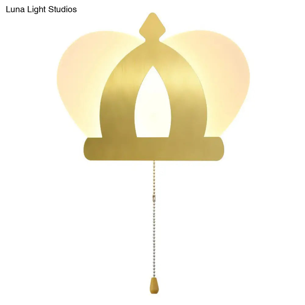 Modern Gold Led Wall Sconce Lamp Crown Acrylic Lighting Fixture With Pull Chain For Bedroom