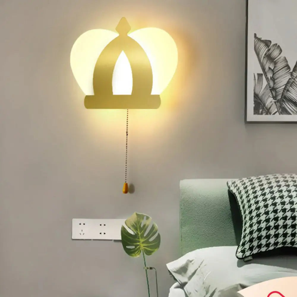 Modern Gold Led Wall Sconce Lamp Crown Acrylic Lighting Fixture With Pull Chain For Bedroom / Warm