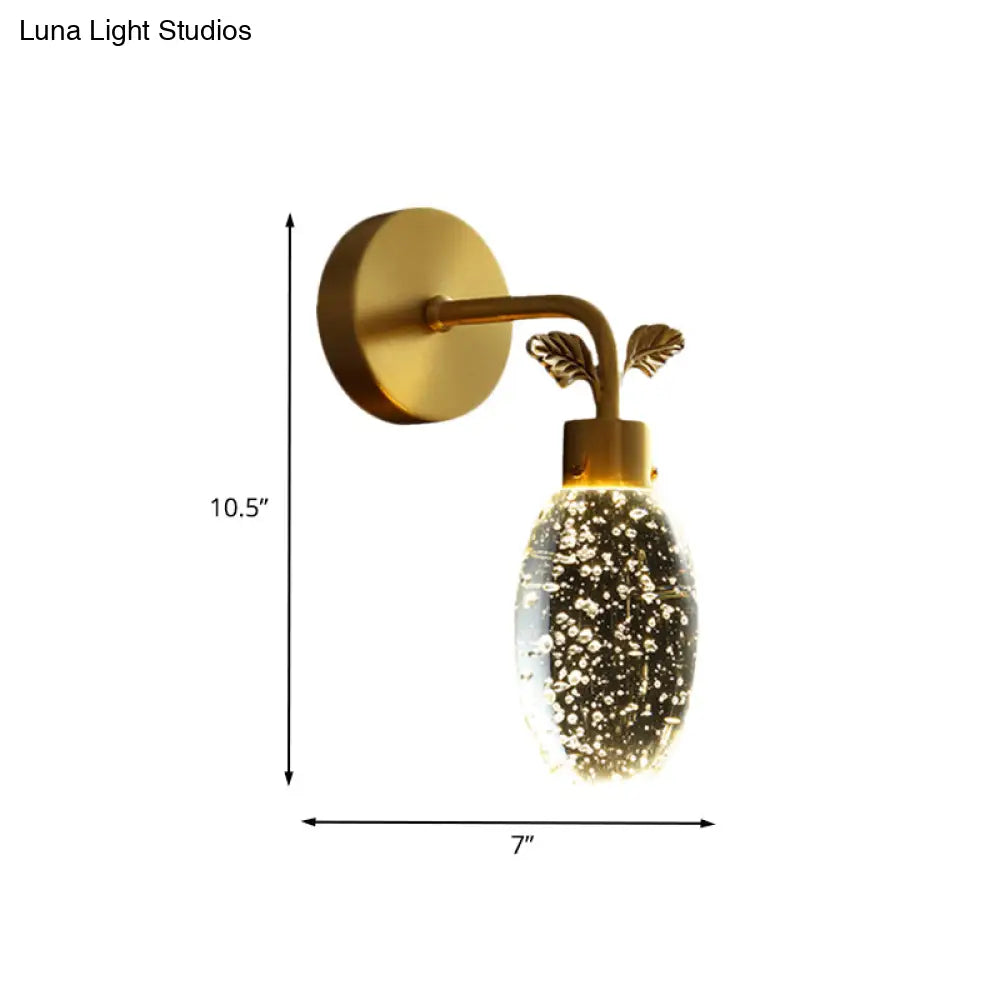 Modern Gold Led Wall Sconce With Clear Seeded Crystal And Leaf Design - Bedroom Light