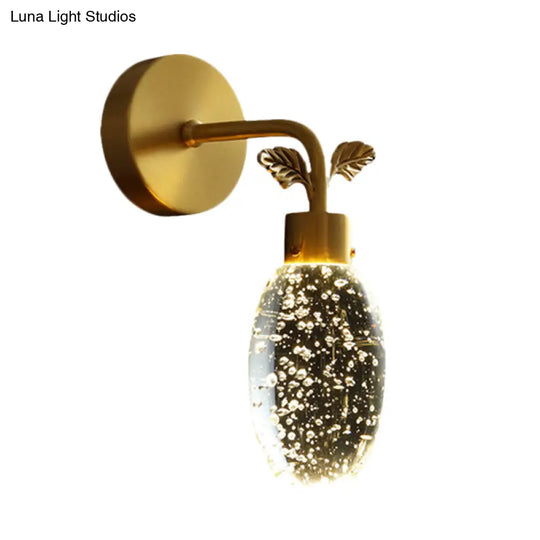 Modern Gold Led Wall Sconce With Clear Seeded Crystal And Leaf Design - Bedroom Light