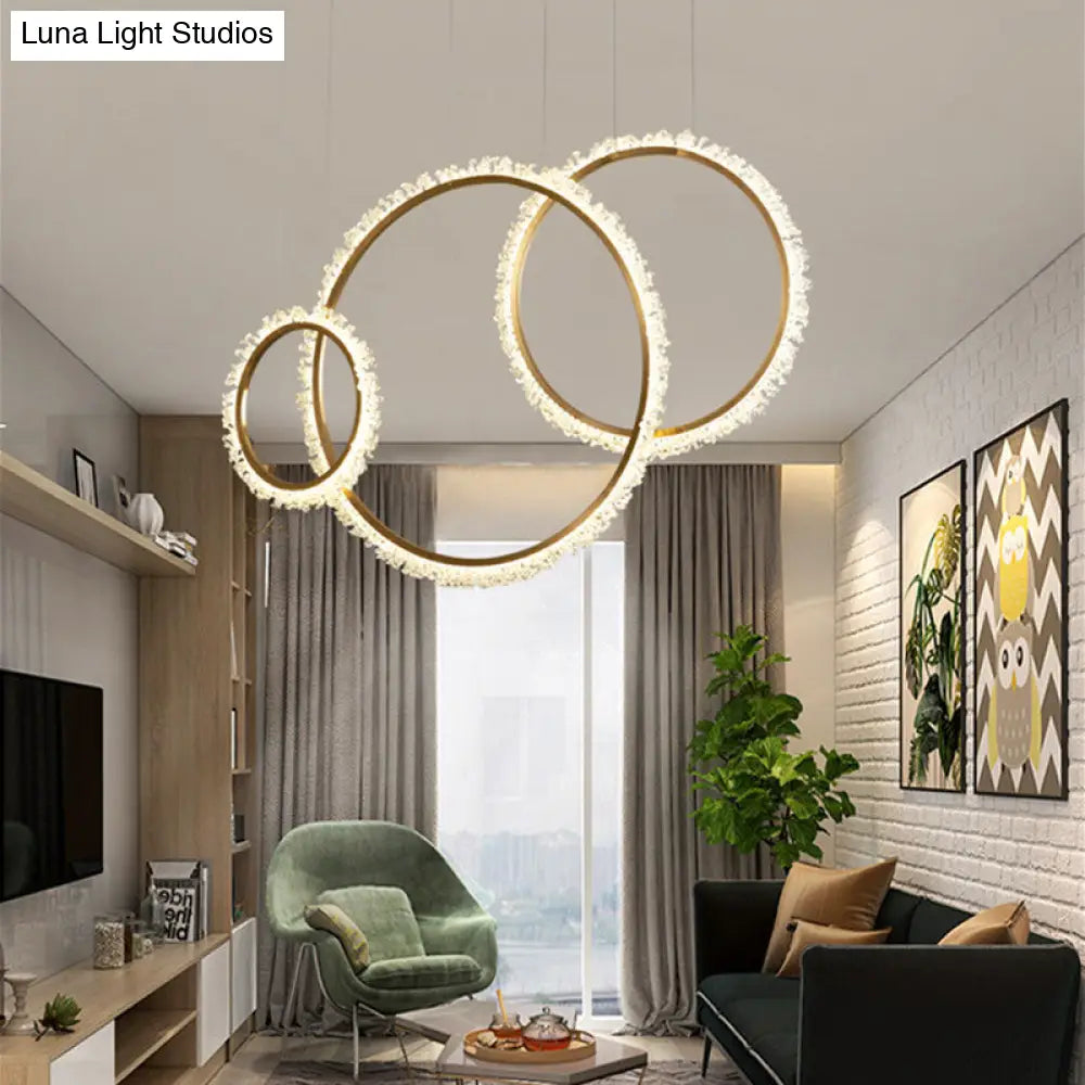 Modern Gold Loop Crystal Beaded Pendant Chandelier - Led Hanging Lamp Kit With Multiple Size Options