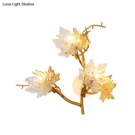 Modern Gold Maple Leaf Glass Sconce - Clear 3-Light Wall Fixture For Dining Room Lighting