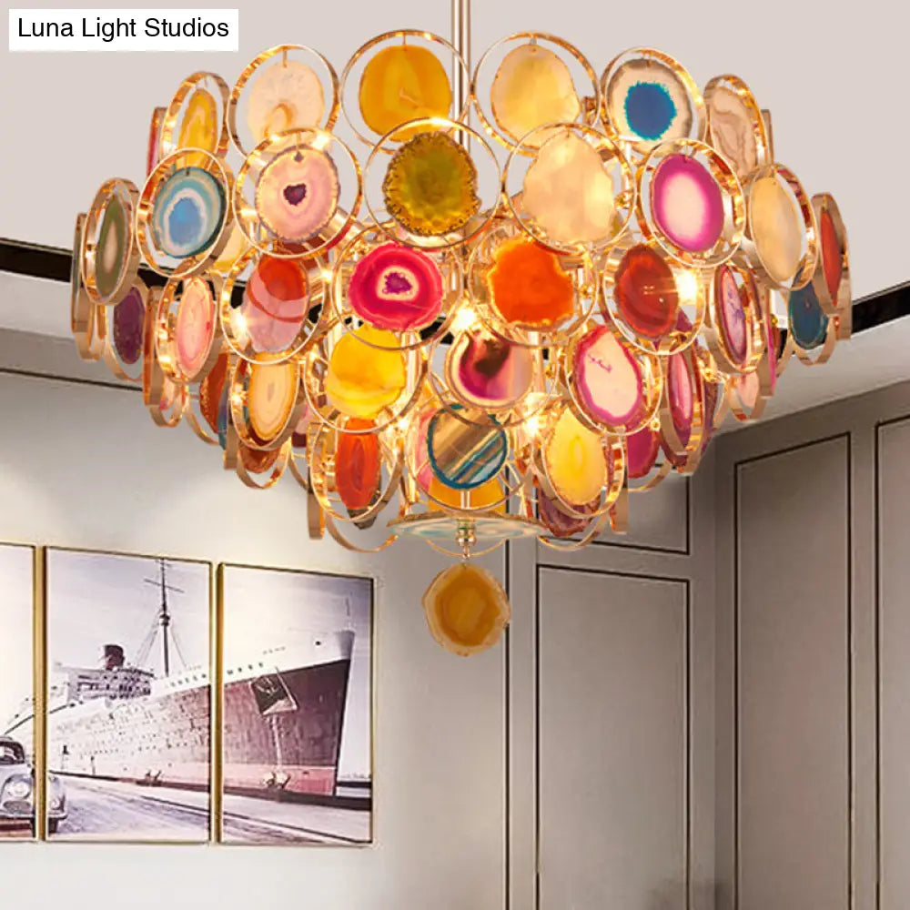 Modern Gold Metal Chandelier Light With Colorful Agates - 5-Tiered Ceiling Pendant 12-Light Design