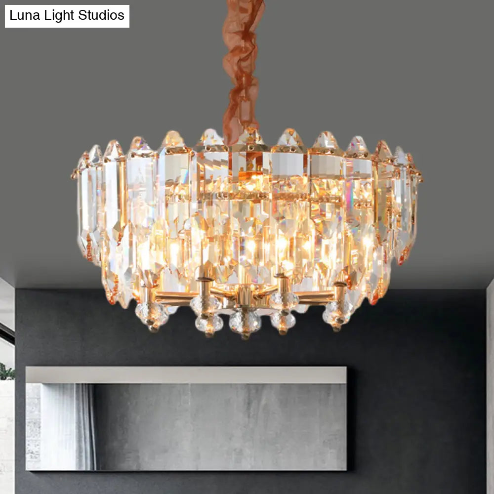 Modern Gold Metal Chandelier With Clear Beveled Crystal Blocks - 8 Bulbs Suspension Pendant