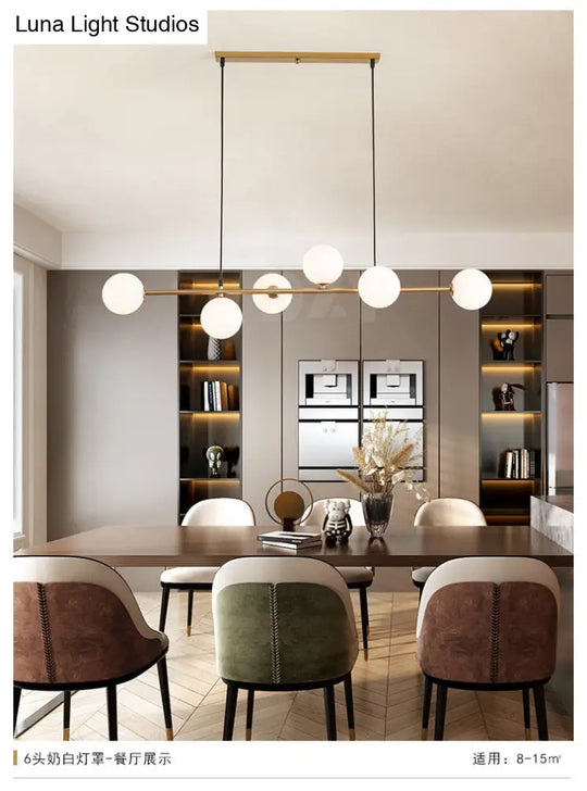 Modern Gold Metal Island Pendant Lighting With 6 Lights And Spherical Glass For Dining Table