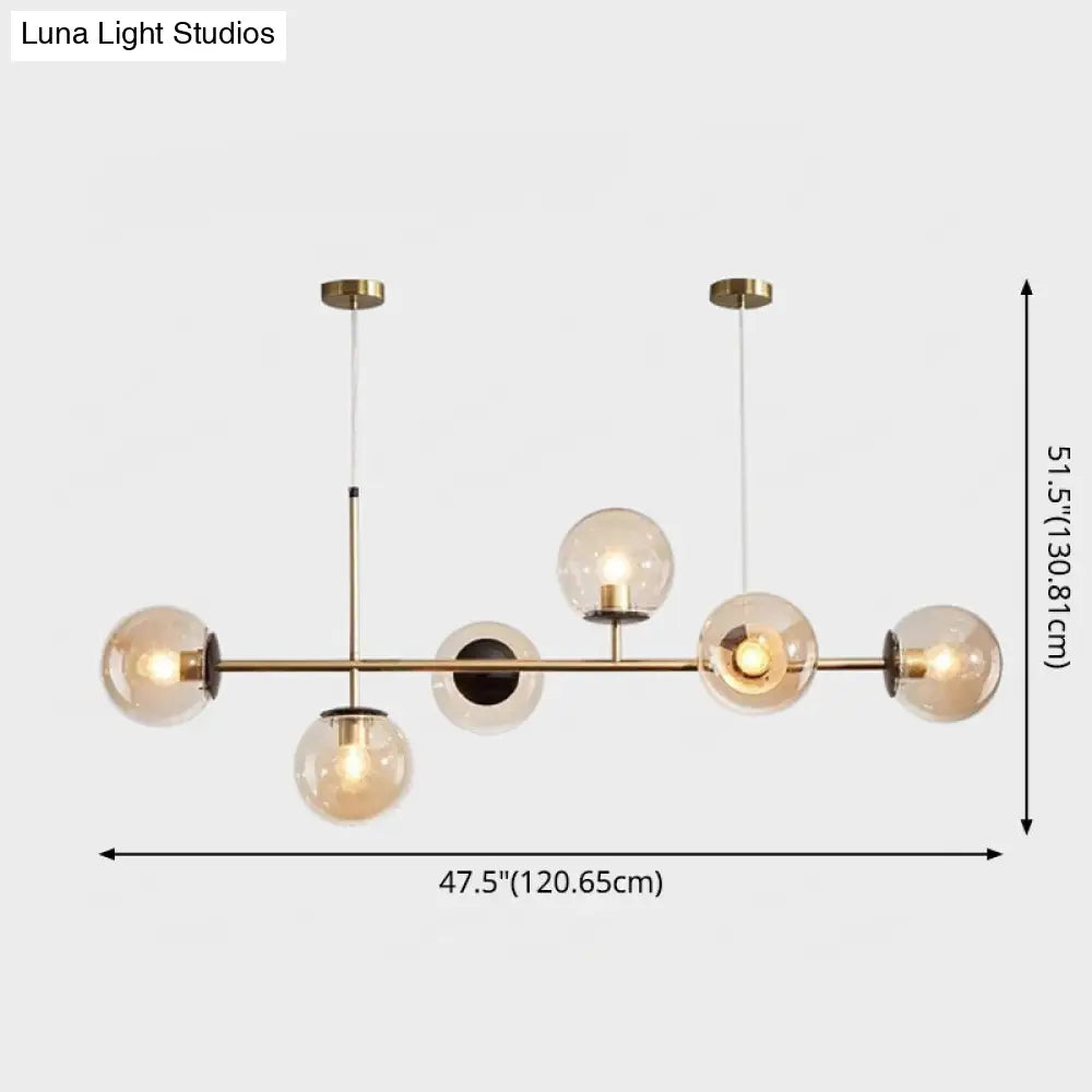 Modern Gold Metal Island Pendant Lighting With 6 Lights And Spherical Glass For Dining Table