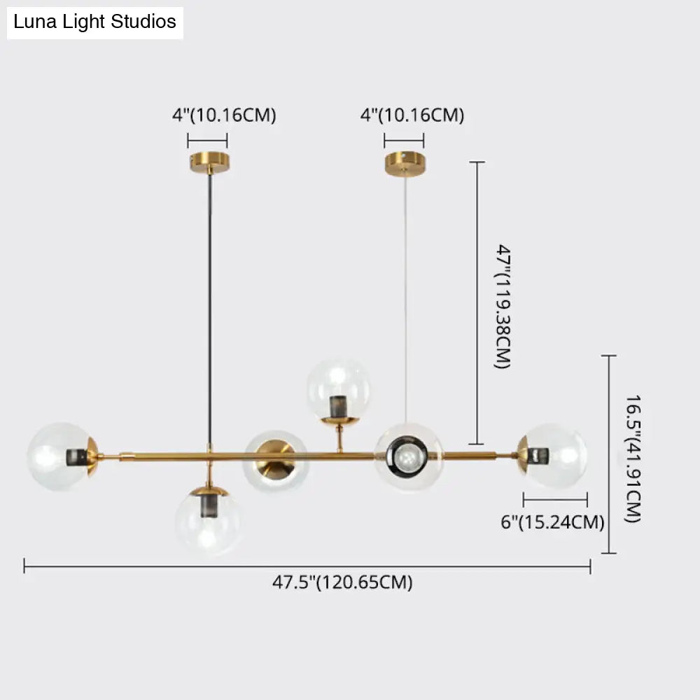 Modern Gold Metal Island Pendant Lighting With 6 Lights And Spherical Glass For Dining Table