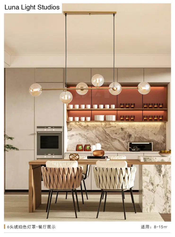 Modern Gold Metal Island Pendant Lighting With 6 Lights And Spherical Glass For Dining Table