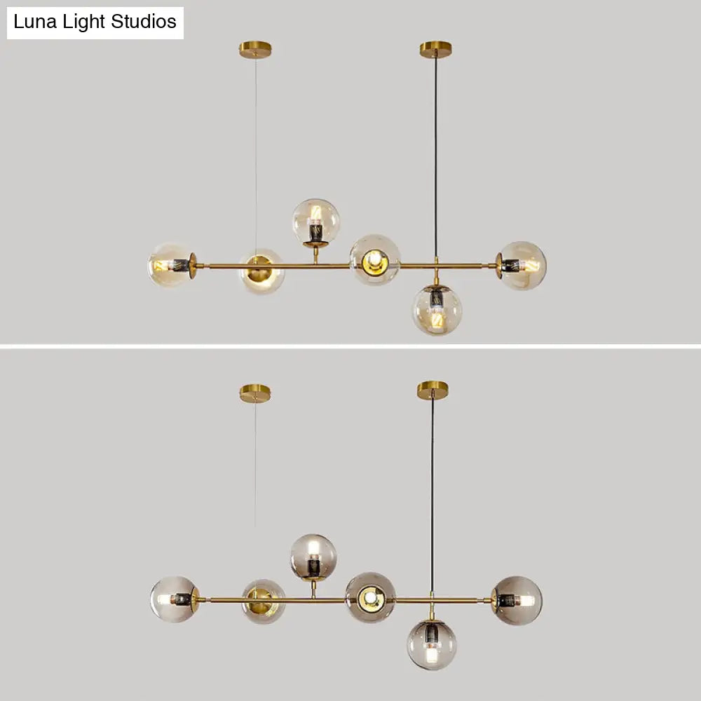 Modern Gold Metal Island Pendant Lighting With 6 Lights And Spherical Glass For Dining Table