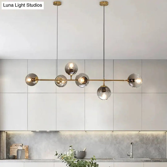 Modern Gold Metal Island Pendant Lighting With 6 Lights And Spherical Glass For Dining Table