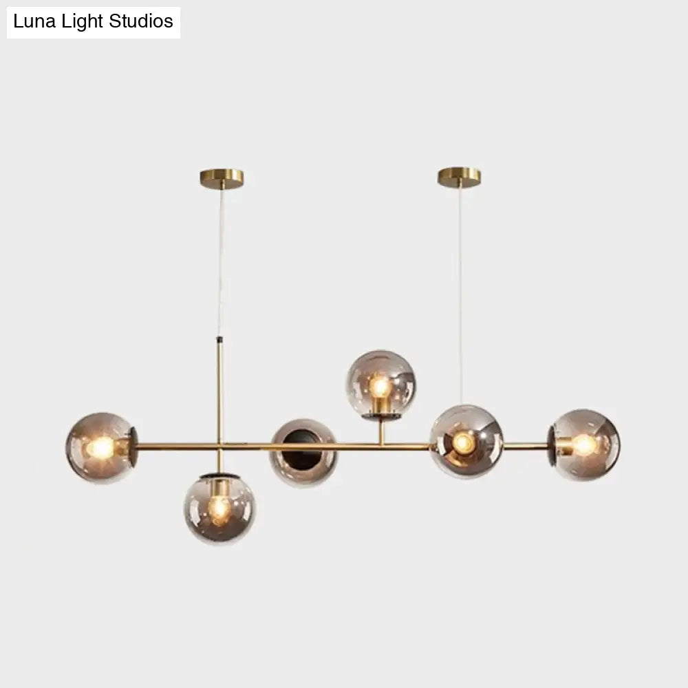 Modern Gold Metal Island Pendant Lighting With 6 Lights And Spherical Glass For Dining Table