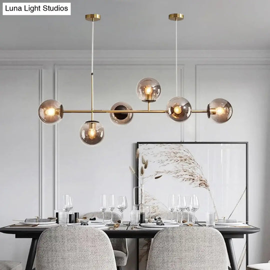 Modern Gold Metal Island Pendant Lighting With 6 Lights And Spherical Glass For Dining Table