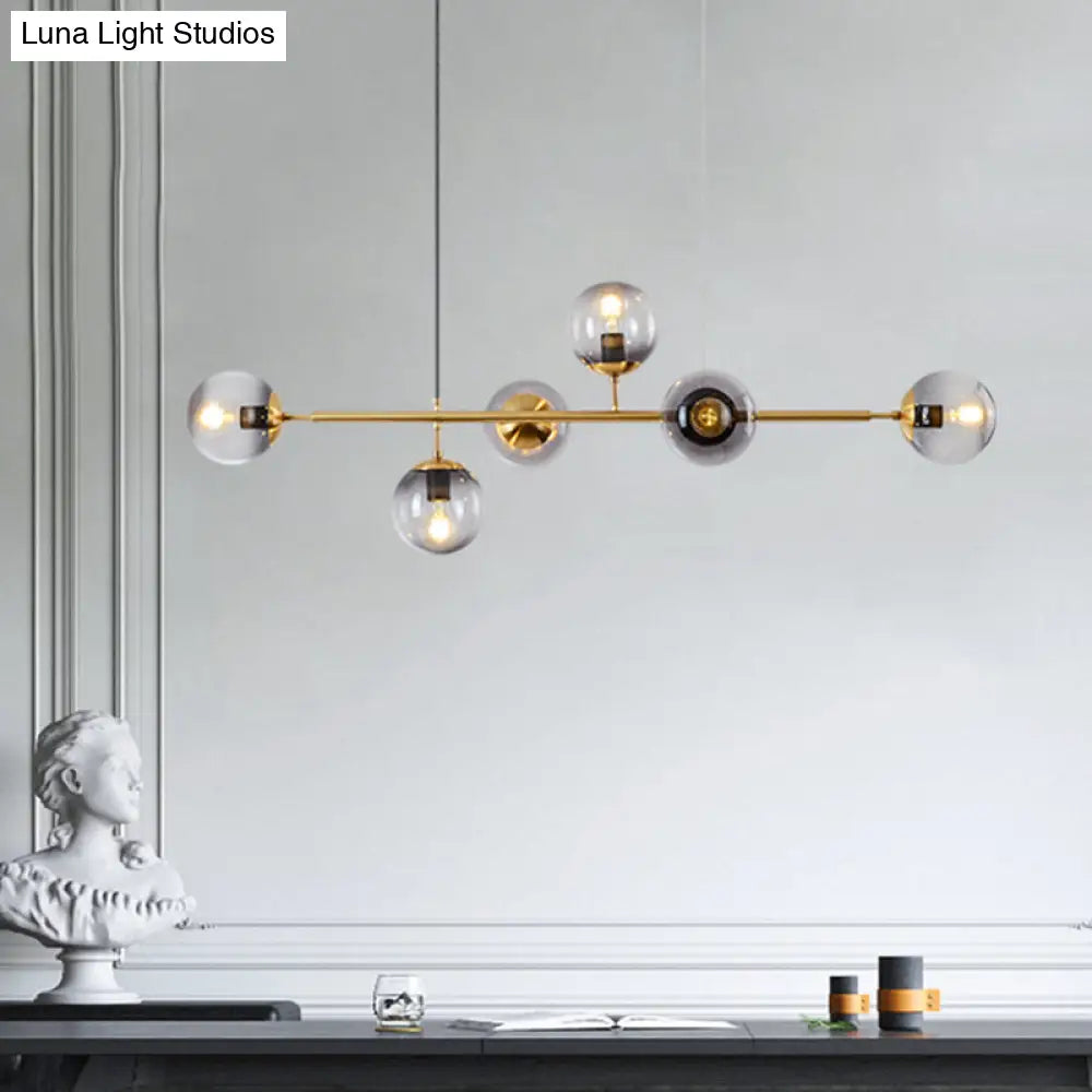 Modern Gold Metal Island Pendant Lighting With 6 Lights And Spherical Glass For Dining Table