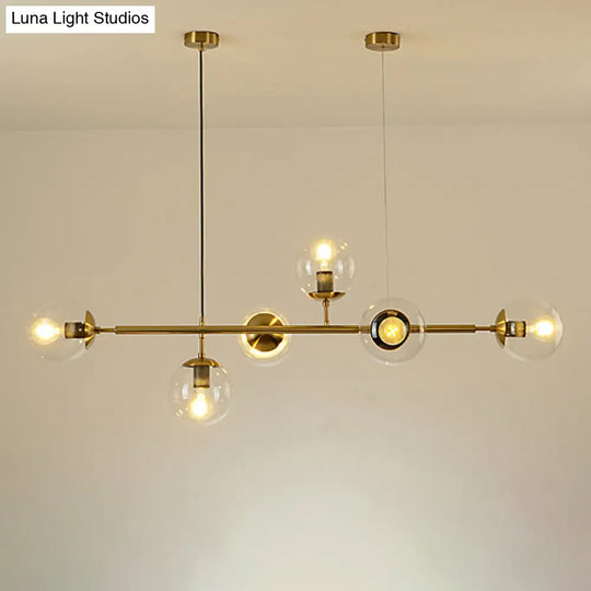 Modern Gold Metal Island Pendant Lighting With 6 Lights And Spherical Glass For Dining Table