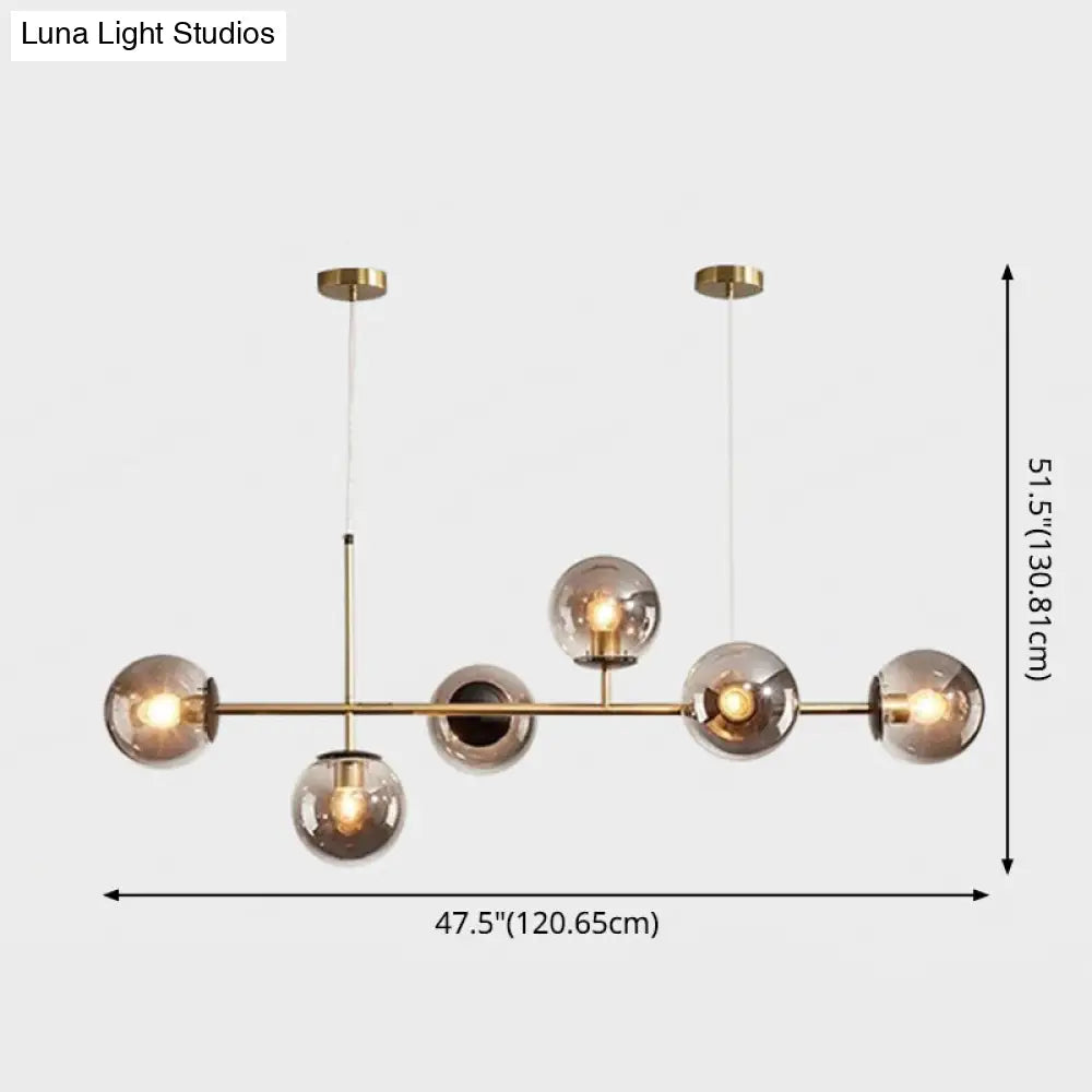 Modern Gold Metal Island Pendant Lighting With 6 Lights And Spherical Glass For Dining Table