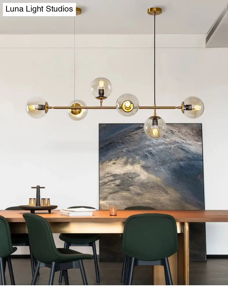 Modern Gold Metal Island Pendant Lighting With 6 Lights And Spherical Glass For Dining Table