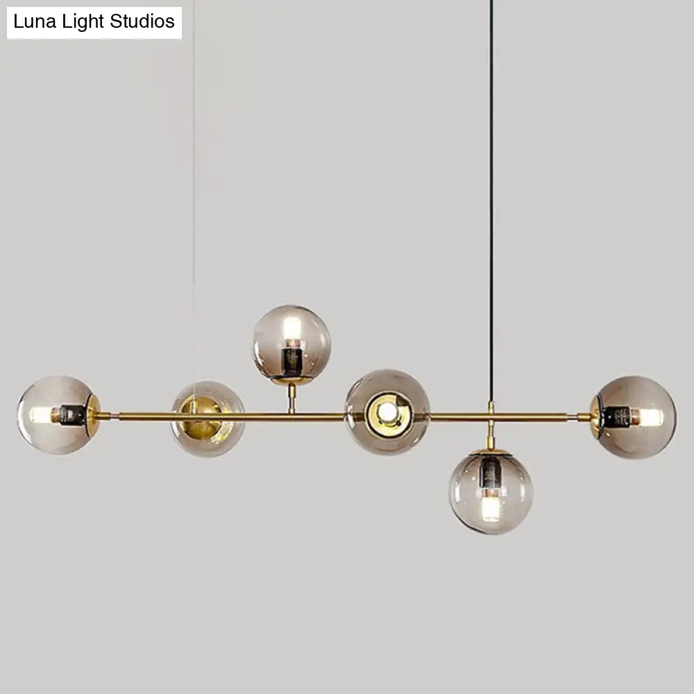 Modern Gold Metal Island Pendant Lighting With 6 Lights And Spherical Glass For Dining Table