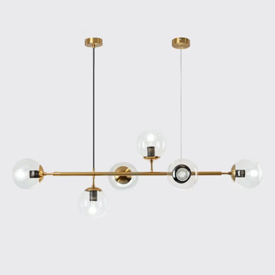 Modern Gold Metal Island Pendant Lighting With 6 Lights And Spherical Glass For Dining Table Clear