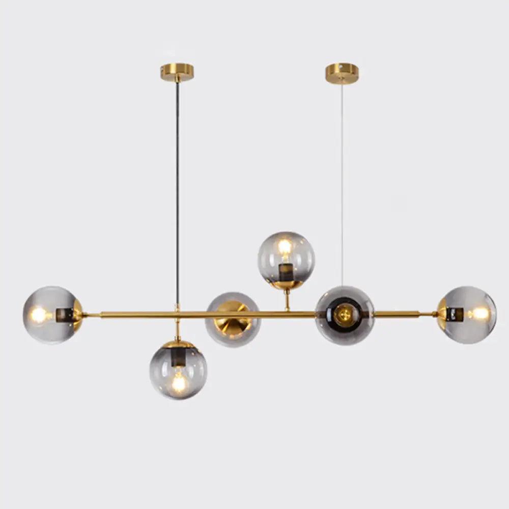 Modern Gold Metal Island Pendant Lighting With 6 Lights And Spherical Glass For Dining Table Smoke