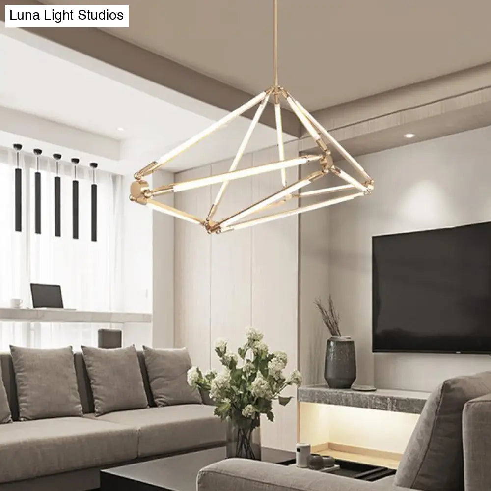 Modern Gold Metal Led Chandelier With Diamond-Frame Ceiling Light