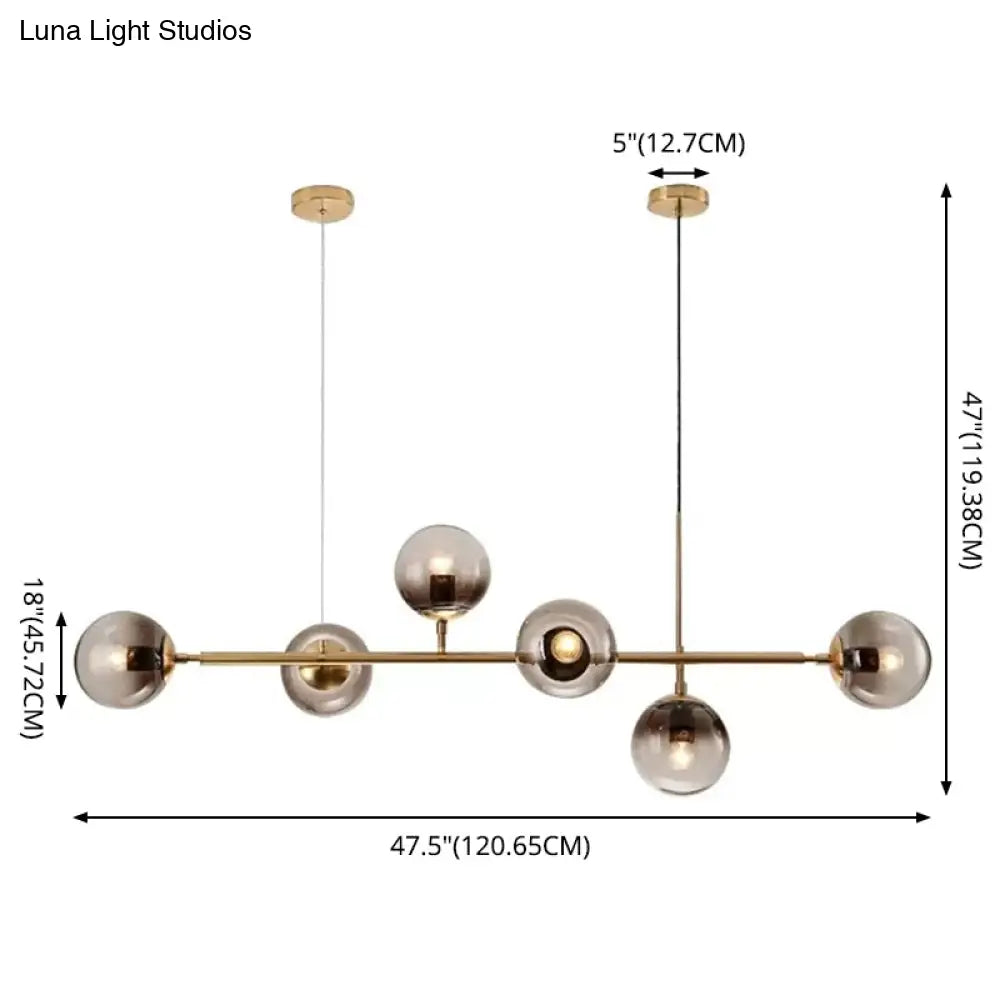 Modern Gold Metal Pendant Lighting - Spherical Smoke Glass With 6 Lights For Dining Table And