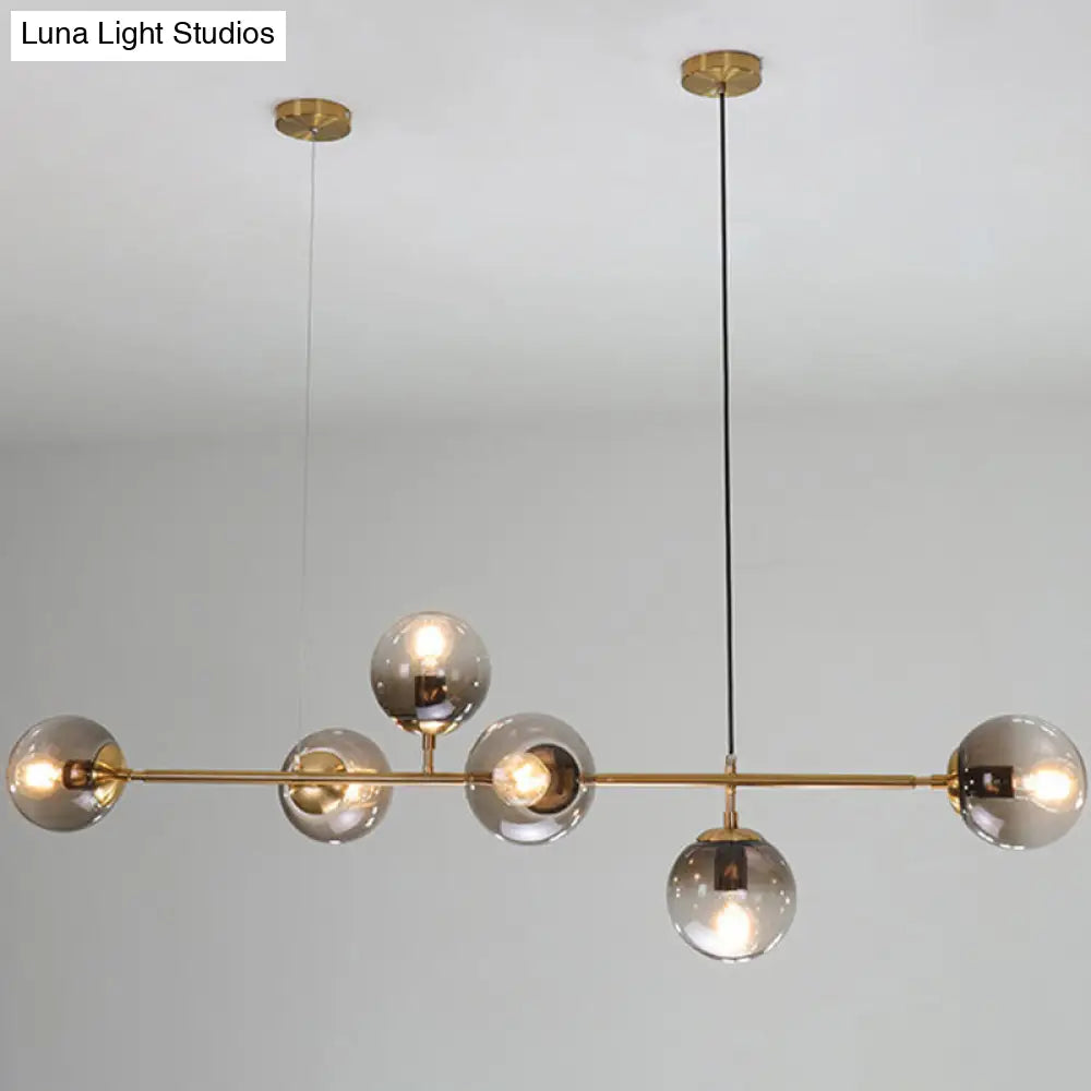 Modern Gold Metal Pendant Lighting - Spherical Smoke Glass With 6 Lights For Dining Table And