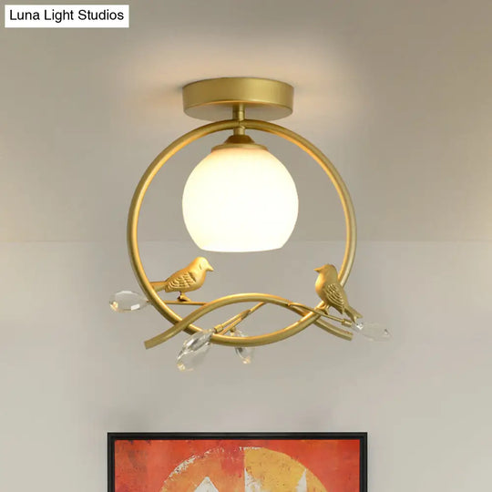 Modern Gold Metal Ring Flush Mount With Glass Dome Lampshade And 1 Bulb