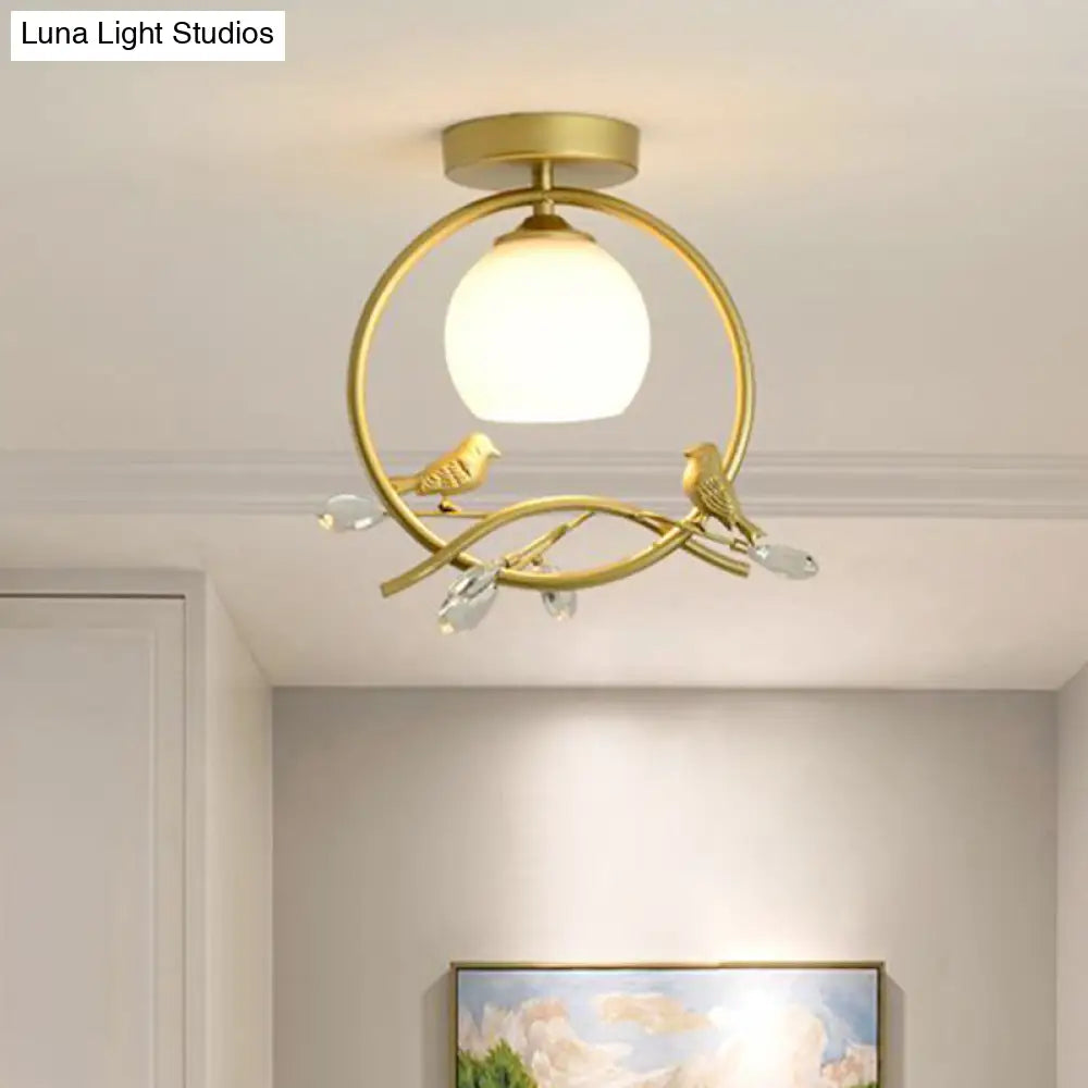 Modern Gold Metal Ring Flush Mount With Glass Dome Lampshade And 1 Bulb