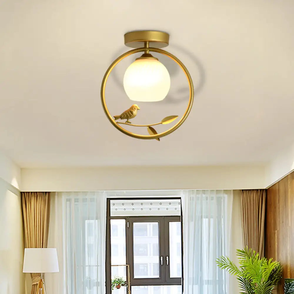 Modern Gold Metal Ring Flush Mount With Glass Dome Lampshade And 1 Bulb / Without Crystal
