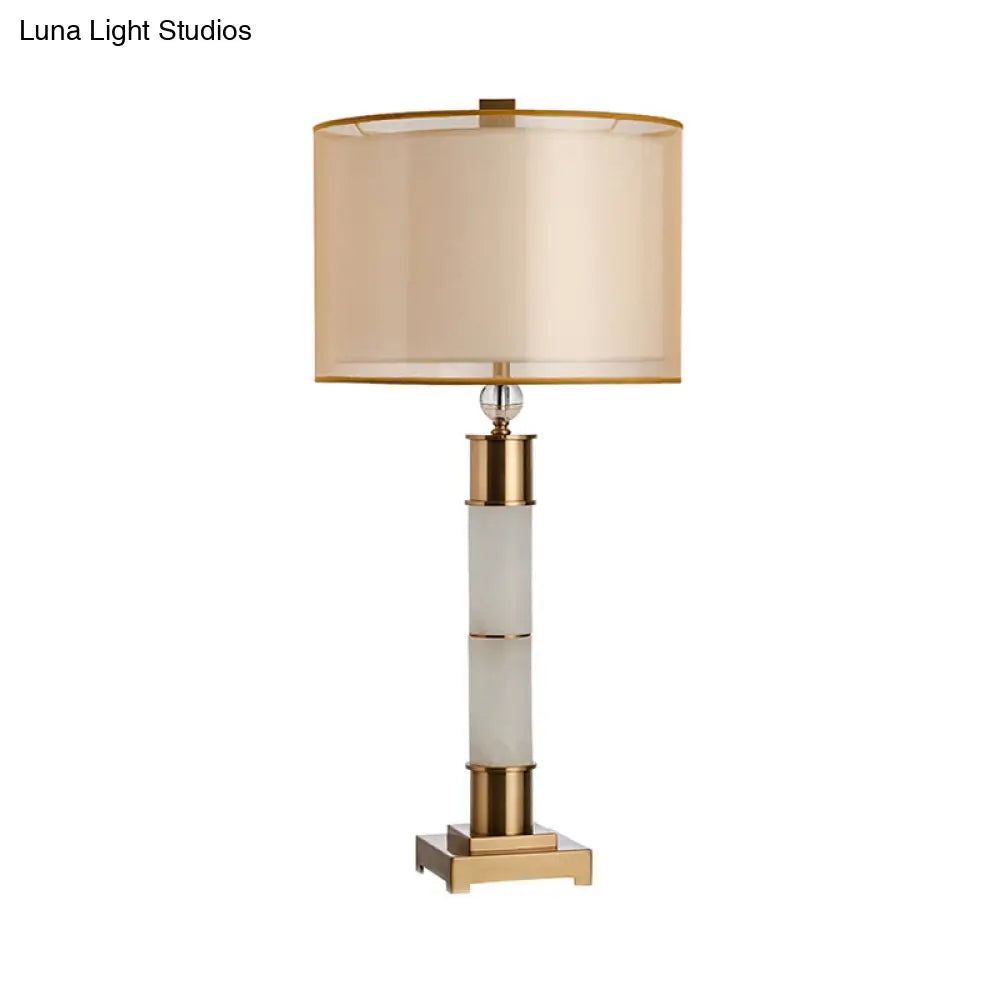 Modern Gold Metal Table Lamp: Fabric Drum Nightstand Lighting For Living Room