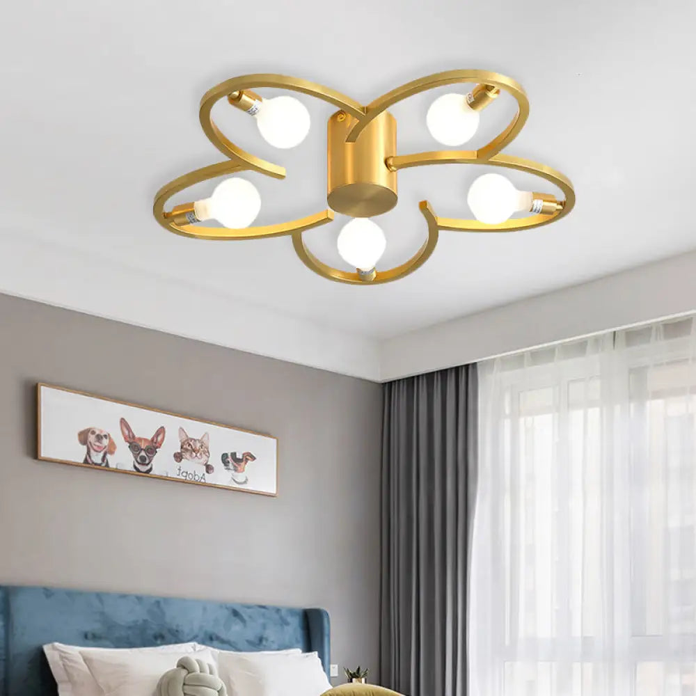 Modern Gold Metallic Flower Semi Flush Mount Ceiling Light With 5/6 - Head For Bedrooms 5 /