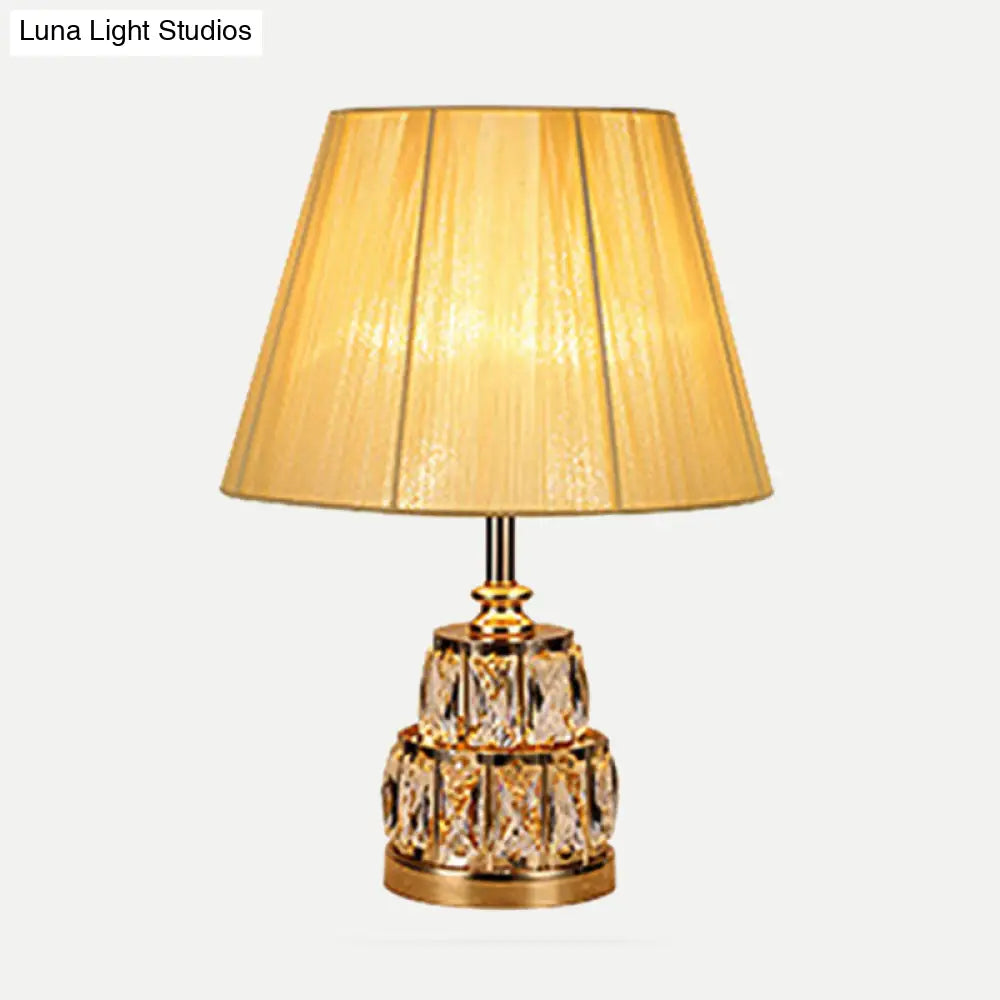 Modern Gold Nightstand Lamp With Fabric Shade And Clear Crystal Base - 1 Bulb Task Light