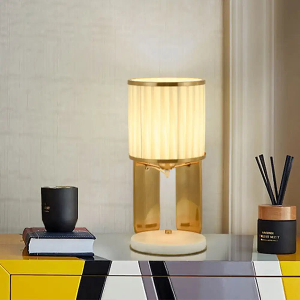 Modern Gold Nightstand Lamp With Marble Base Stylish Fabric Barrel Design For Bedside Lighting