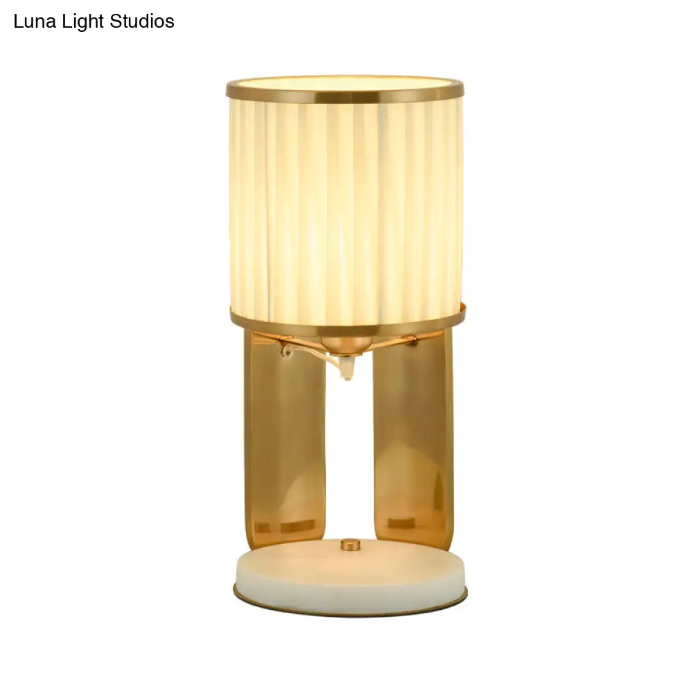 Modern Gold Nightstand Lamp With Marble Base Stylish Fabric Barrel Design For Bedside Lighting