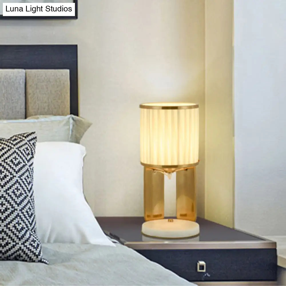 Modern Gold Nightstand Lamp With Marble Base Stylish Fabric Barrel Design For Bedside Lighting